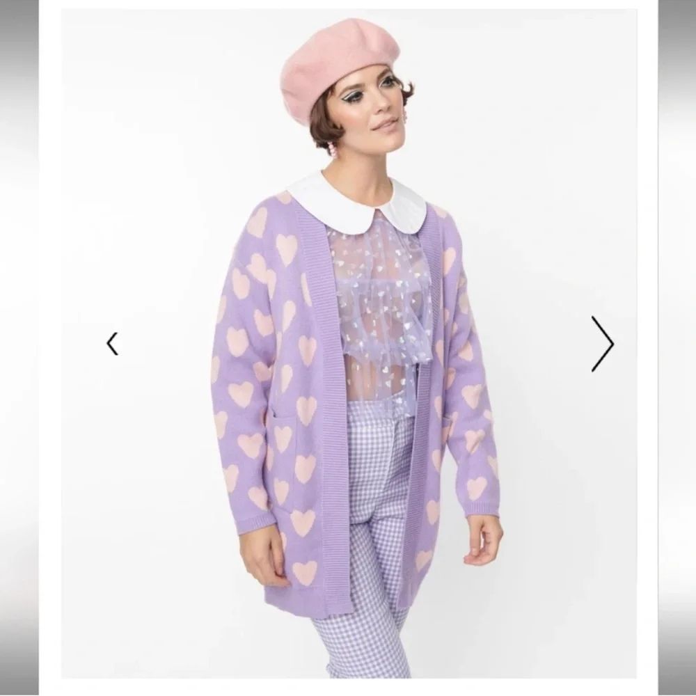Unique vintage/Magnolia Place Pink Lavender Heart Cardigan NWT One Size Fits All